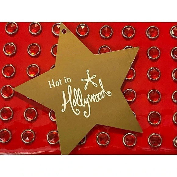 Hot in Hollywood Semi Rigid Red Clutch XL Patent Faux Leather Rhinestones NWT - Picture 7 of 8